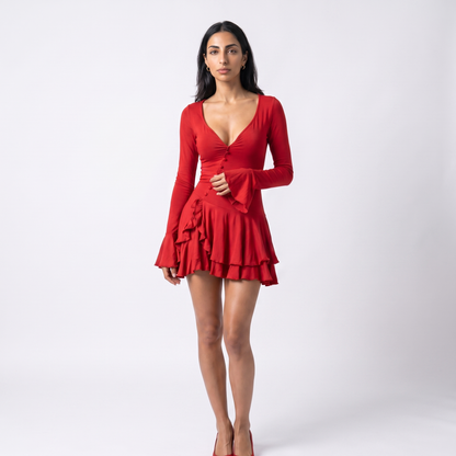 Sunoire women s casual short solid plain dyed summer flared sleeve waist cinching single breasted sexy hot mini dress colorway red front hero 01