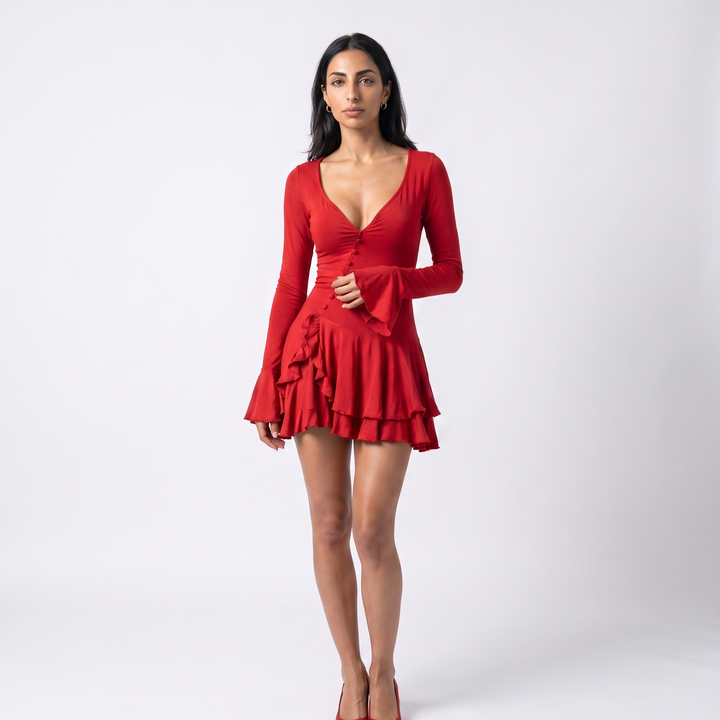 Nakoa Forest Green Ruffle V-Neck Mini Dress — Red