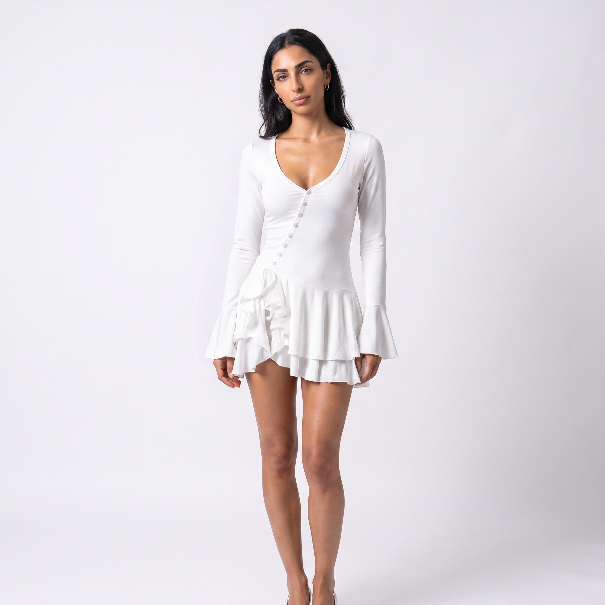 Sunoire women s casual short solid plain dyed summer flared sleeve waist cinching single breasted sexy hot mini dress colorway white front hero 01