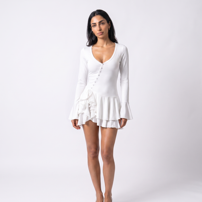 Sunoire women s casual short solid plain dyed summer flared sleeve waist cinching single breasted sexy hot mini dress colorway white front hero 01