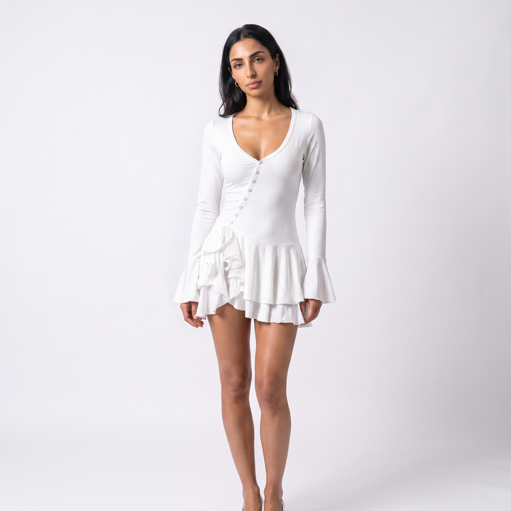 Nakoa Forest Green Ruffle V-Neck Mini Dress — White