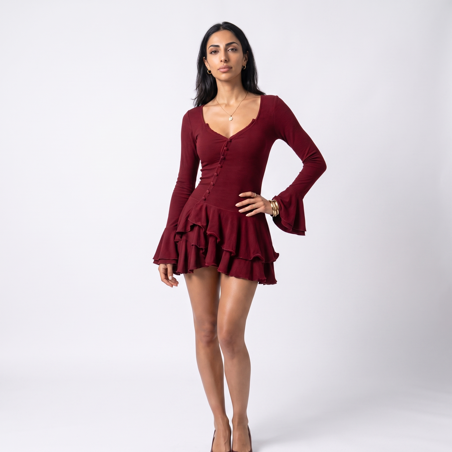 Sunoire women s casual short solid plain dyed summer flared sleeve waist cinching single breasted sexy hot mini dress colorway wine red front hero 01