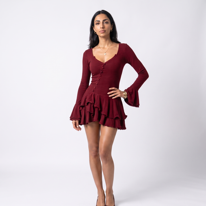Sunoire women s casual short solid plain dyed summer flared sleeve waist cinching single breasted sexy hot mini dress colorway wine red front hero 01