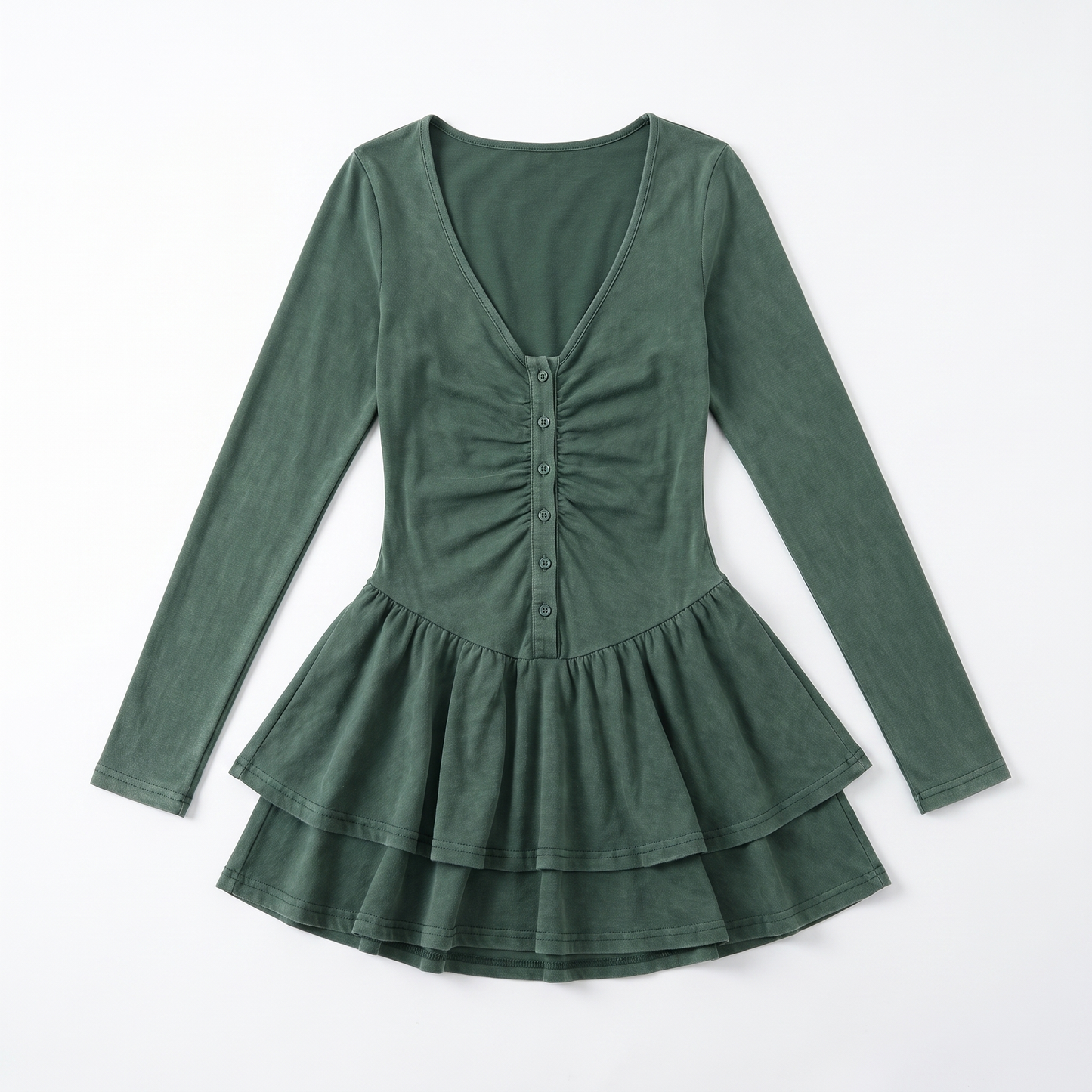 Sunoire women s casual short solid plain dyed summer flared sleeve waist cinching single breasted sexy hot mini dress garment flatlay 01