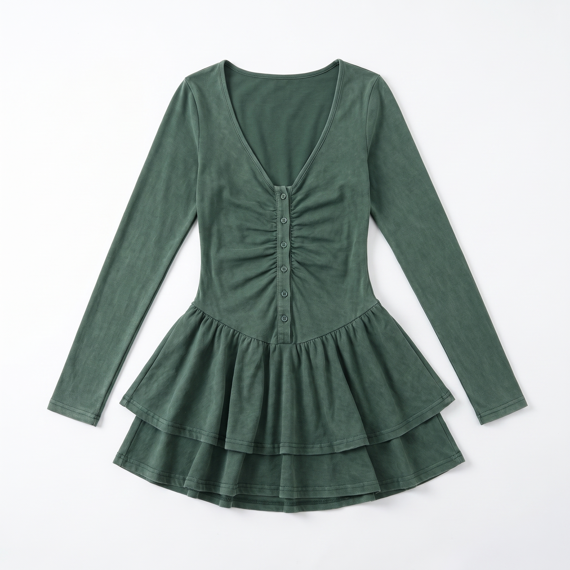 Sunoire women s casual short solid plain dyed summer flared sleeve waist cinching single breasted sexy hot mini dress garment flatlay 01