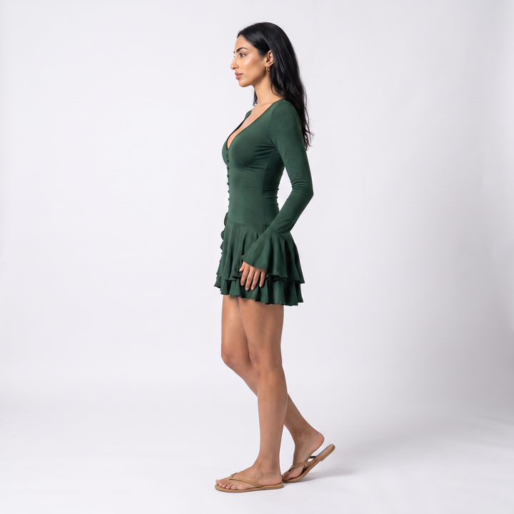 Sunoire women s casual short solid plain dyed summer flared sleeve waist cinching single breasted sexy hot mini dress side view 01