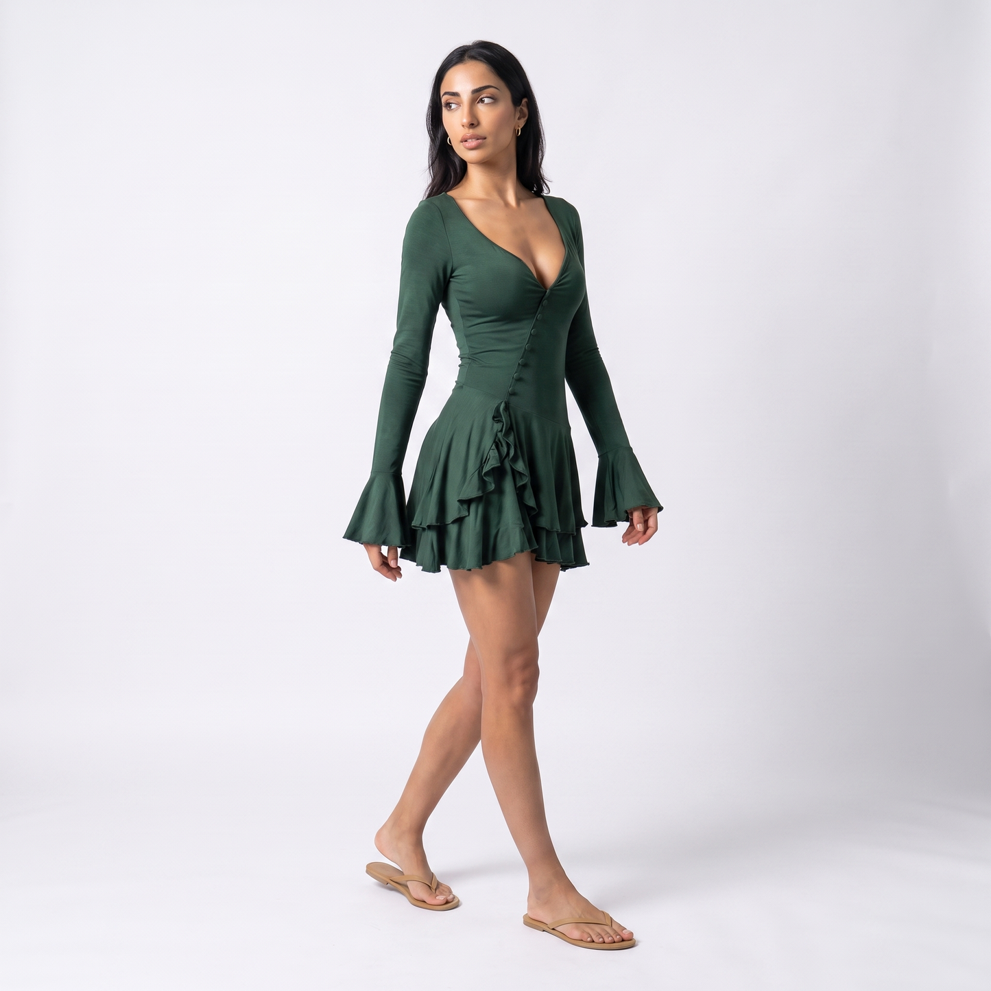 Sunoire women s casual short solid plain dyed summer flared sleeve waist cinching single breasted sexy hot mini dress three quarter 01