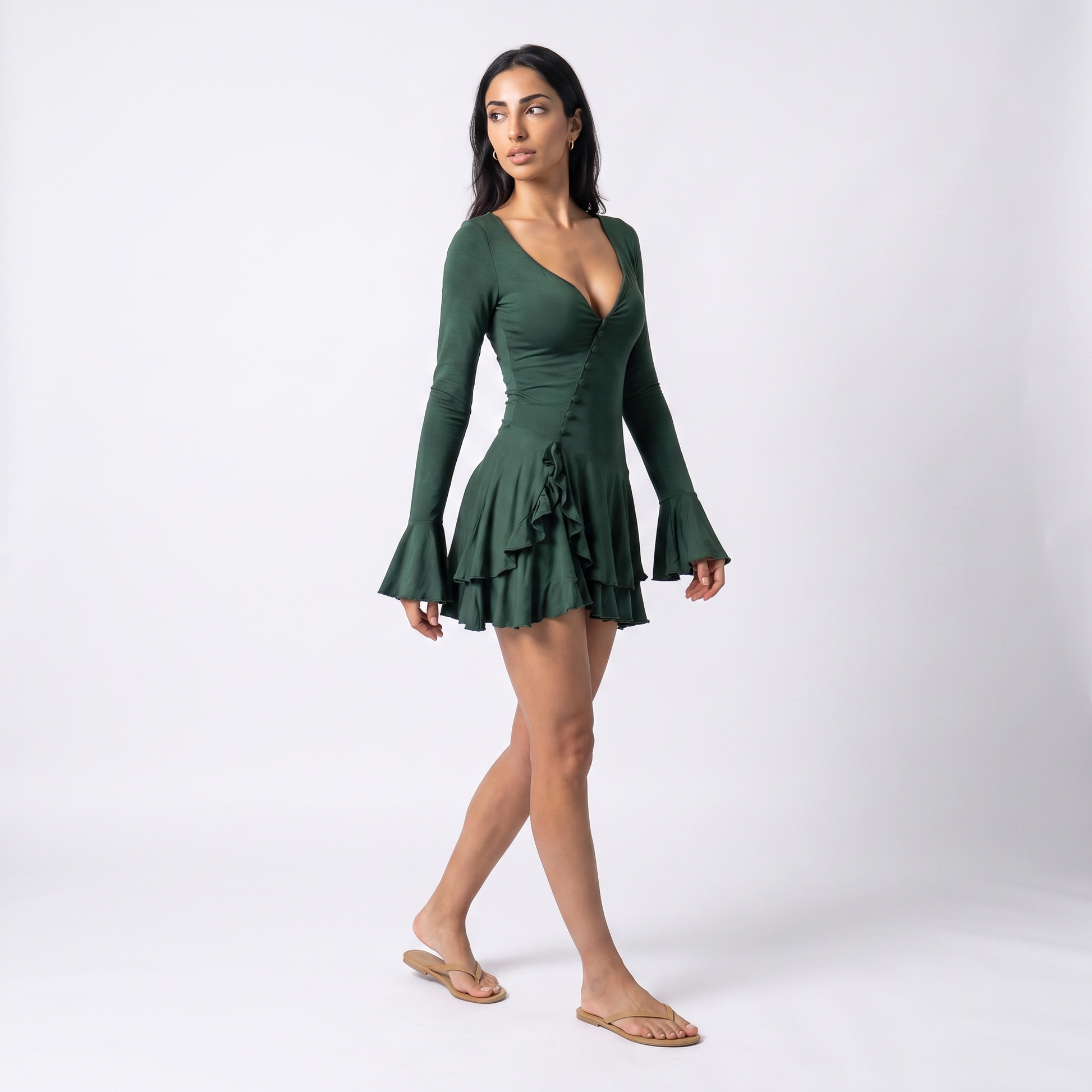 Sunoire women s casual short solid plain dyed summer flared sleeve waist cinching single breasted sexy hot mini dress three quarter 01