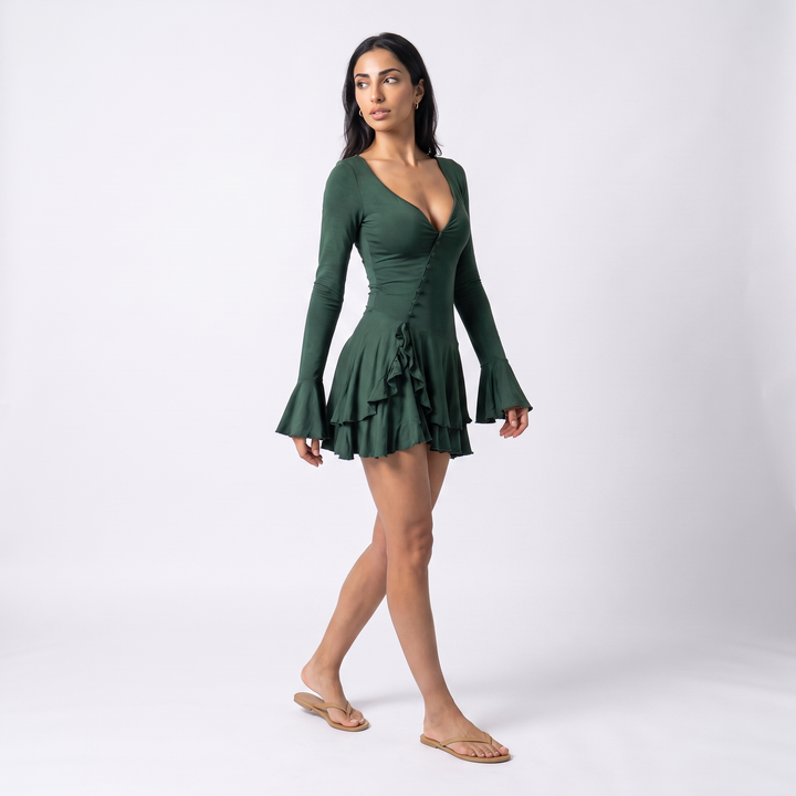 Sunoire women s casual short solid plain dyed summer flared sleeve waist cinching single breasted sexy hot mini dress three quarter 01