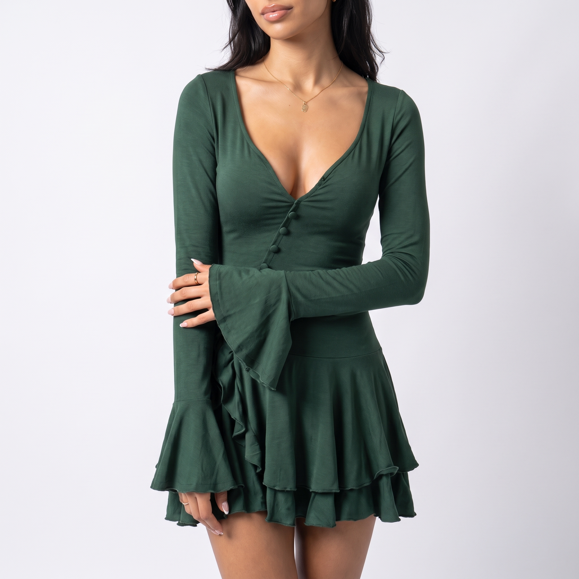 Sunoire women s casual short solid plain dyed summer flared sleeve waist cinching single breasted sexy hot mini dress torso crop 01
