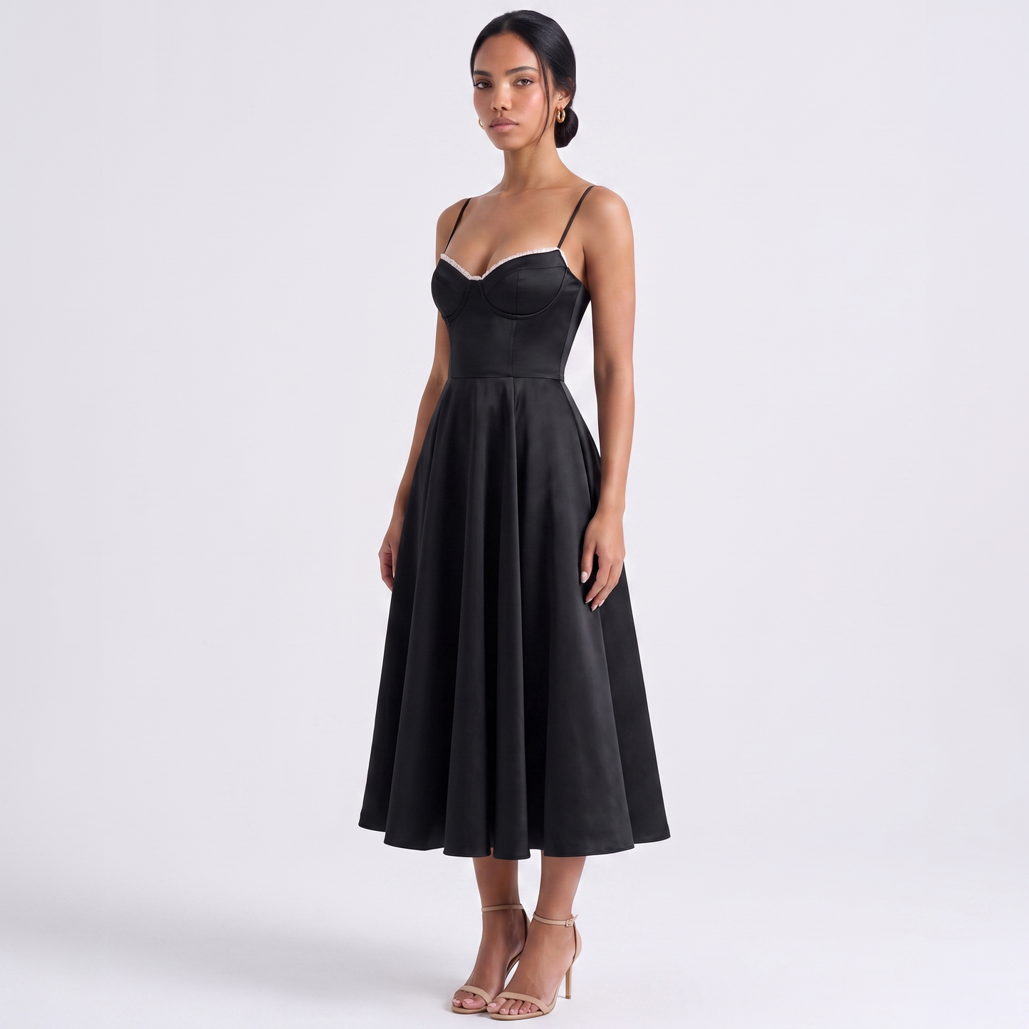 Sunoire women s casual spaghetti strap a line polyester print flowy midi dresses party evening gown backless elegant wedding guest dress colorway black front hero 01