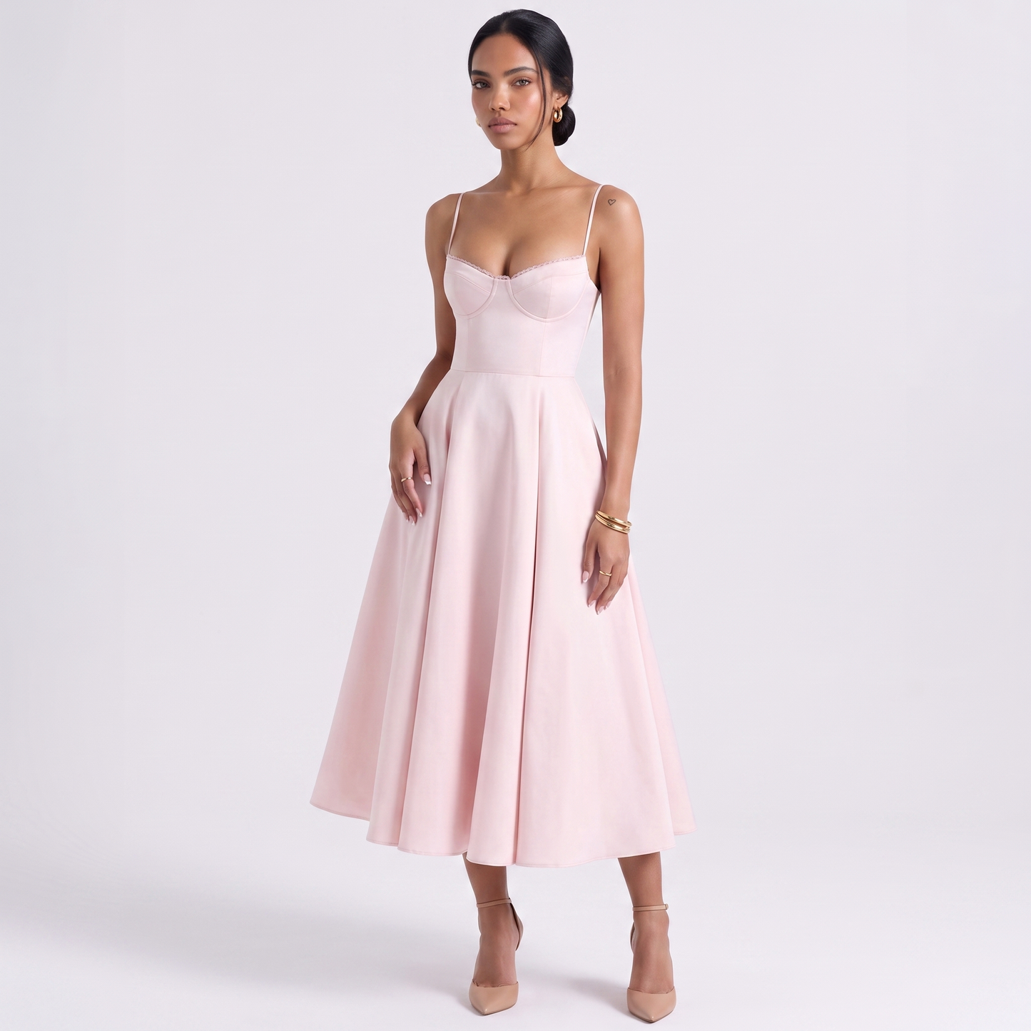 Sunoire women s casual spaghetti strap a line polyester print flowy midi dresses party evening gown backless elegant wedding guest dress colorway pink front hero 01