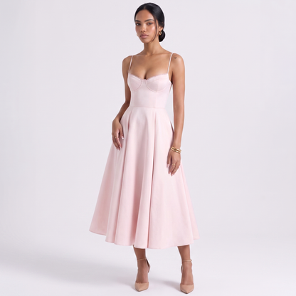 Sunoire women s casual spaghetti strap a line polyester print flowy midi dresses party evening gown backless elegant wedding guest dress colorway pink front hero 01