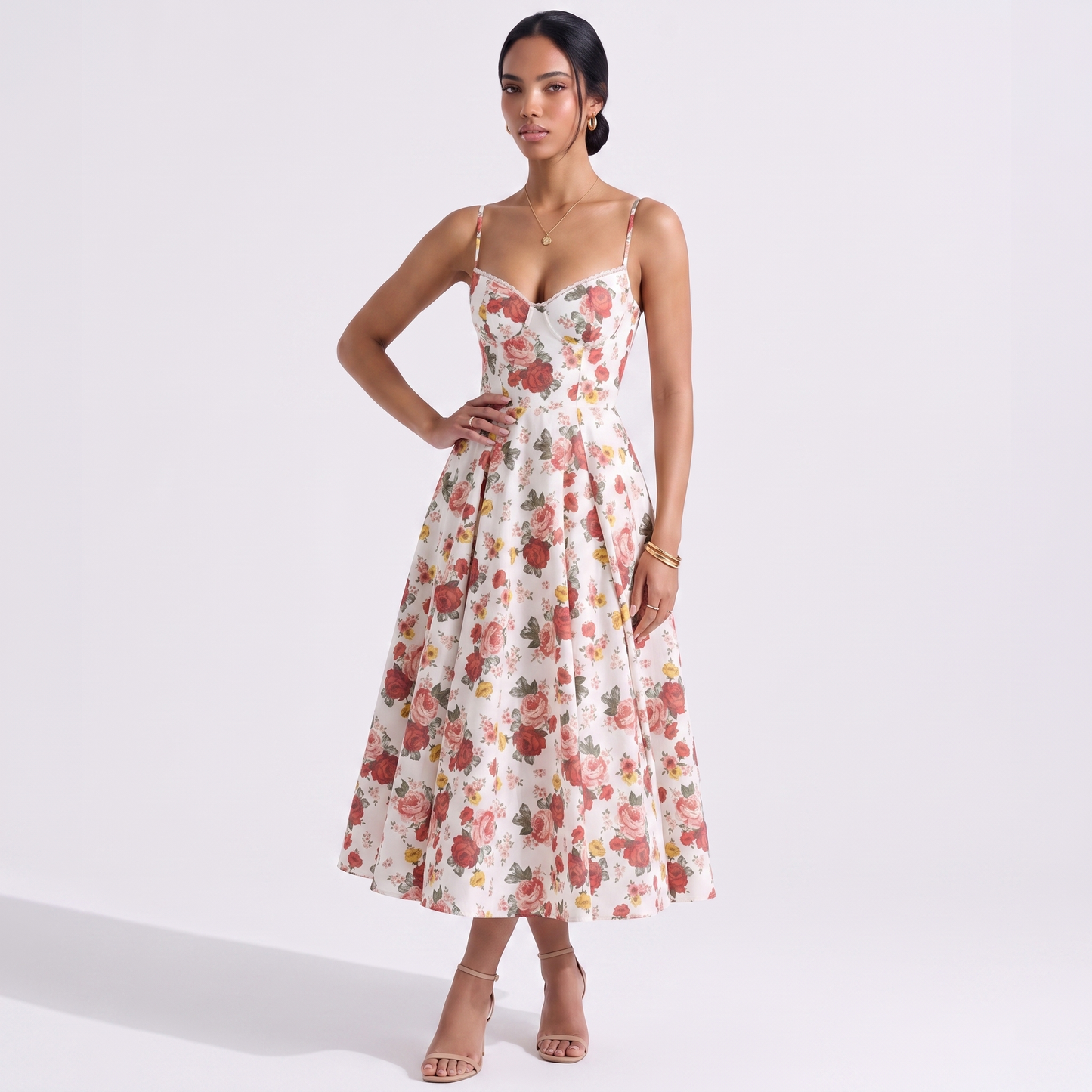 Sunoire women s casual spaghetti strap a line polyester print flowy midi dresses party evening gown backless elegant wedding guest dress colorway print front hero 01