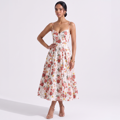 Sunoire women s casual spaghetti strap a line polyester print flowy midi dresses party evening gown backless elegant wedding guest dress colorway print front hero 01