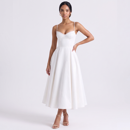 Sunoire women s casual spaghetti strap a line polyester print flowy midi dresses party evening gown backless elegant wedding guest dress colorway white front hero 01
