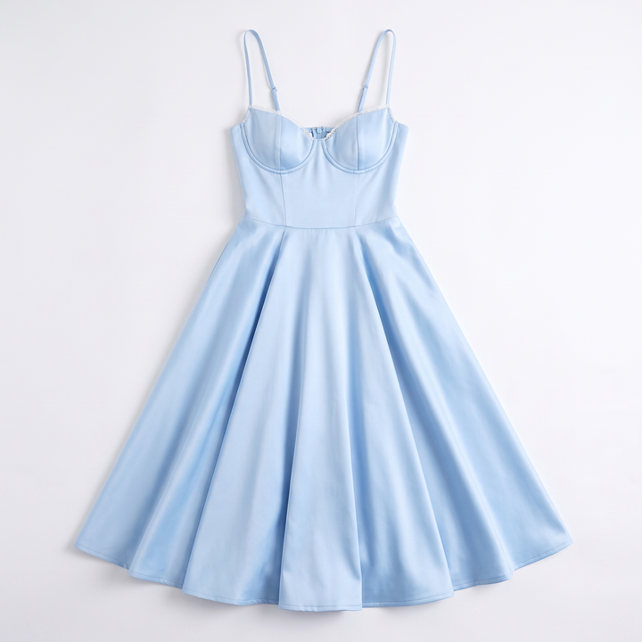 Sunoire women s casual spaghetti strap a line polyester print flowy midi dresses party evening gown backless elegant wedding guest dress garment flatlay 01