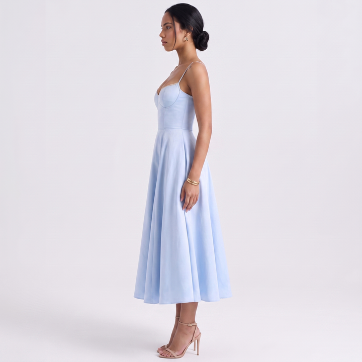 Sunoire women s casual spaghetti strap a line polyester print flowy midi dresses party evening gown backless elegant wedding guest dress side view 01