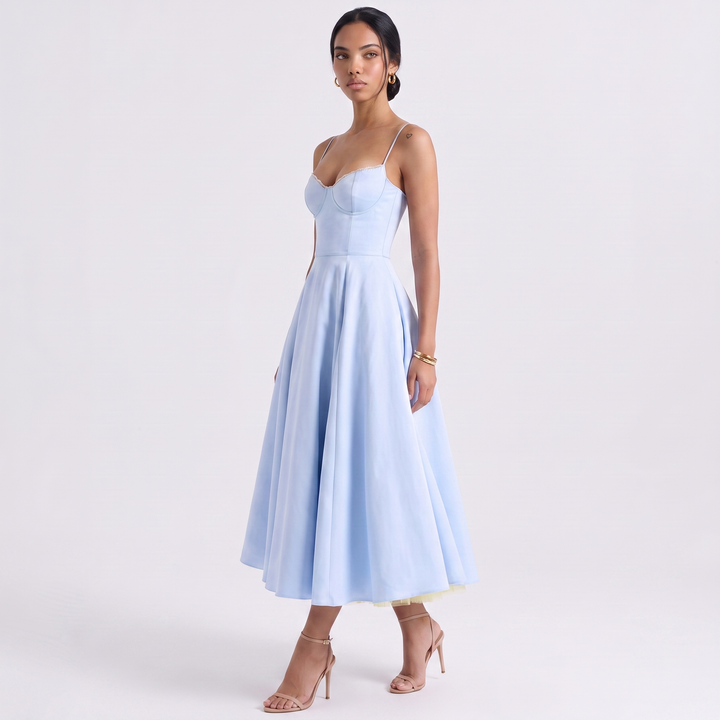Sunoire women s casual spaghetti strap a line polyester print flowy midi dresses party evening gown backless elegant wedding guest dress three quarter 01
