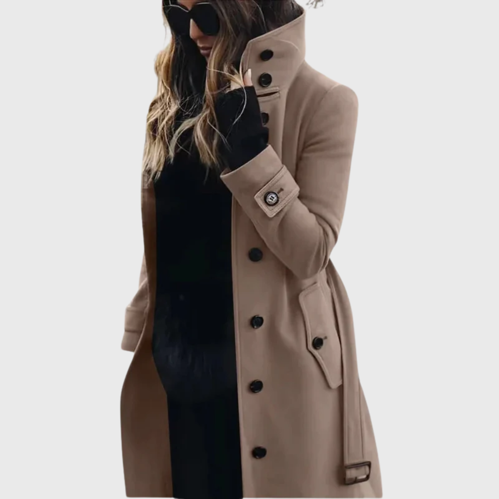 Women’s Coat | Button Front High Stand Collar in Beige