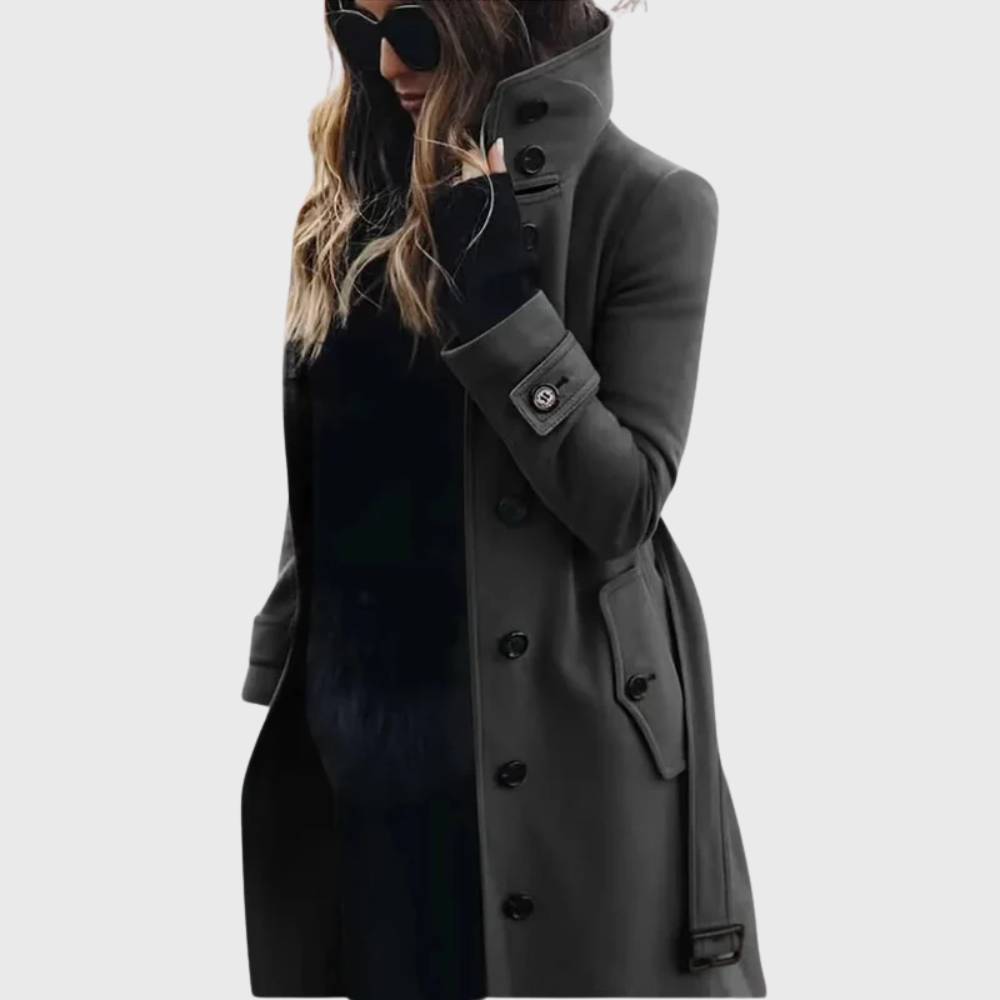 Women’s Coat | Button Front High Stand Collar in Dark Grey