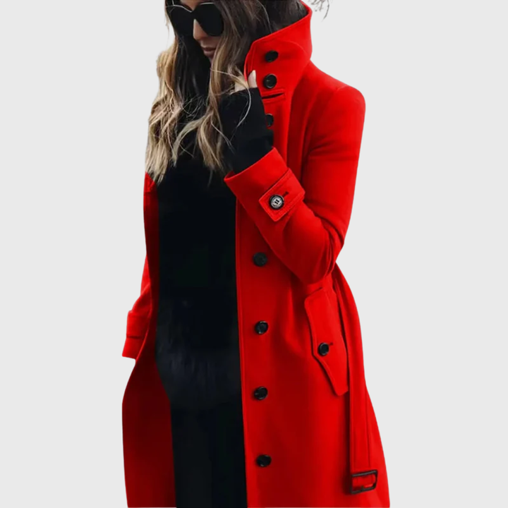 Women’s Coat | Button Front High Stand Collar in Red