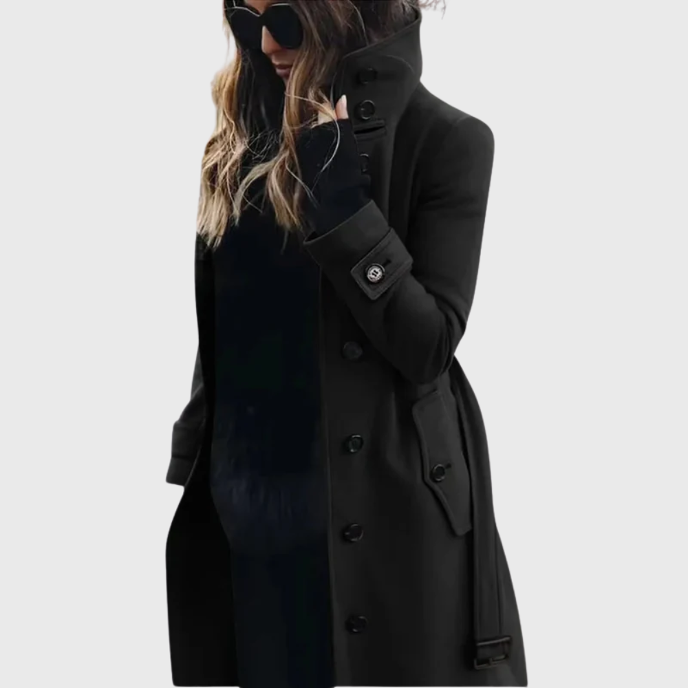 Women’s Coat | Button Front High Stand Collar in Black