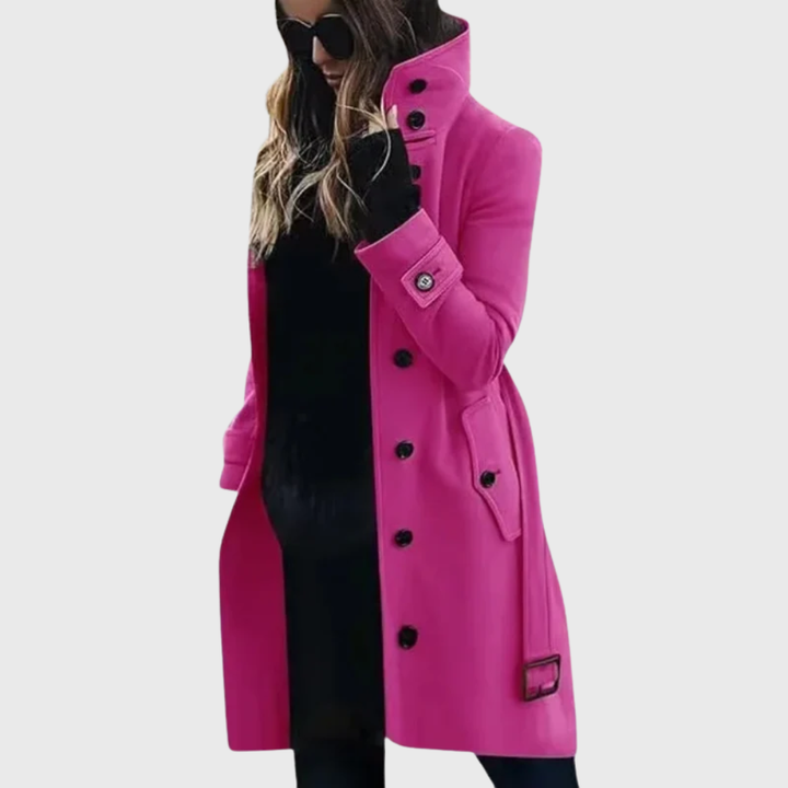 Women’s Coat | Button Front High Stand Collar — Dark Pink