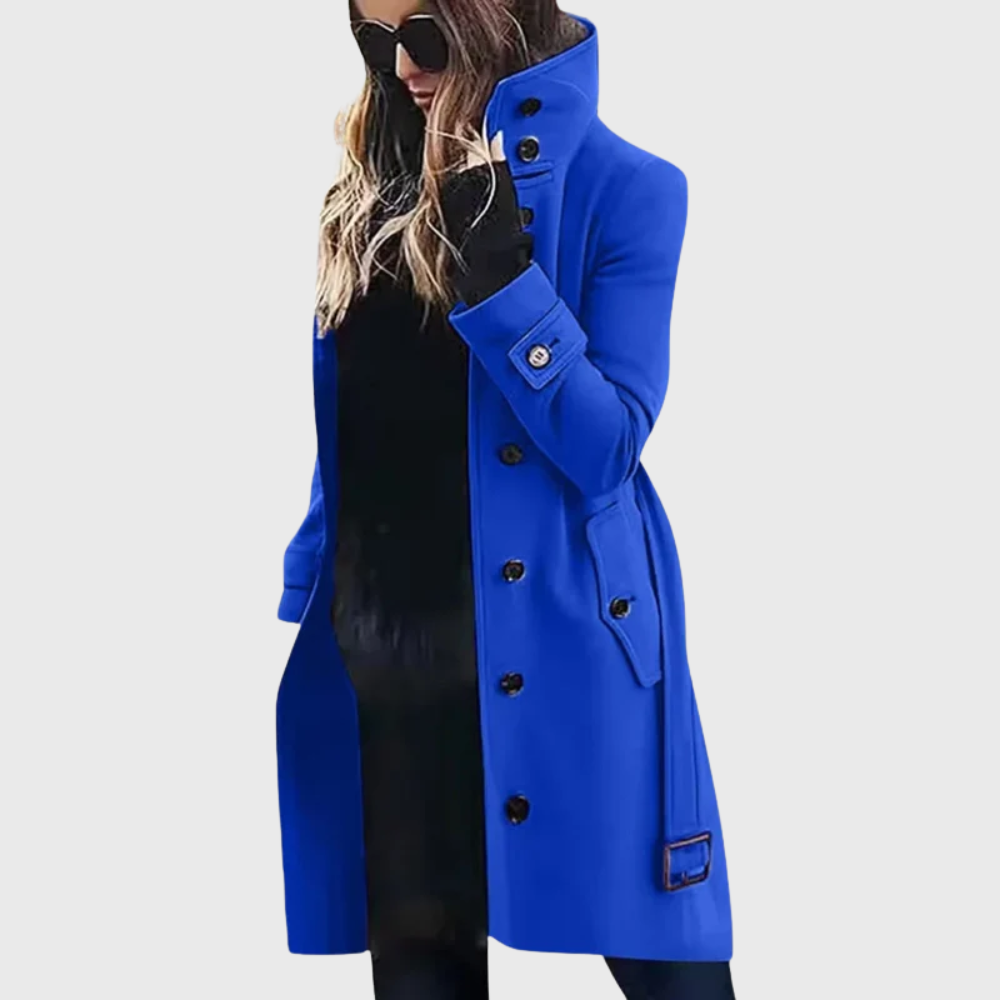 Women’s Coat | Button Front High Stand Collar in Blue