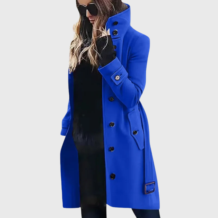 Women’s Coat | Button Front High Stand Collar — Blue