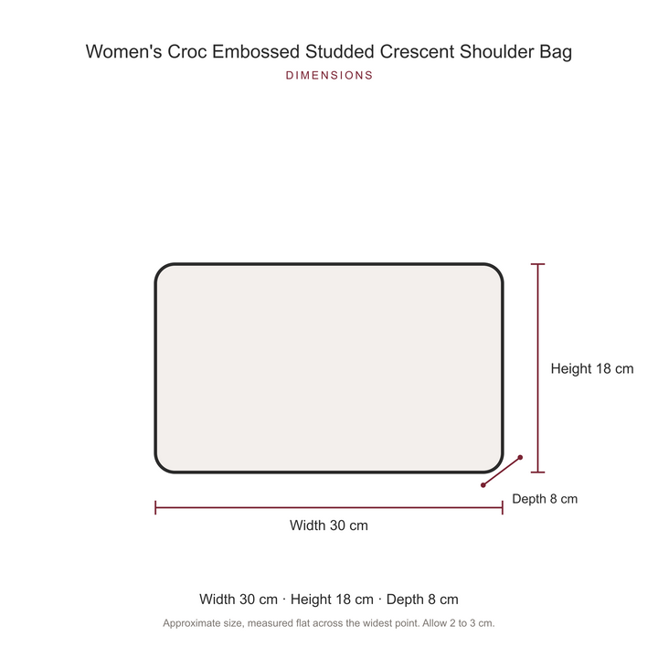 Women's Croc Embossed Studded Crescent Shoulder Bag, dimensions