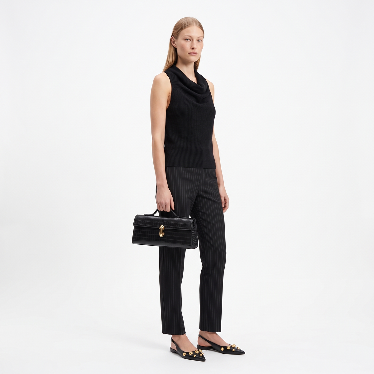 Women's Croc Faux Leather Top Handle Clutch, worn by a model