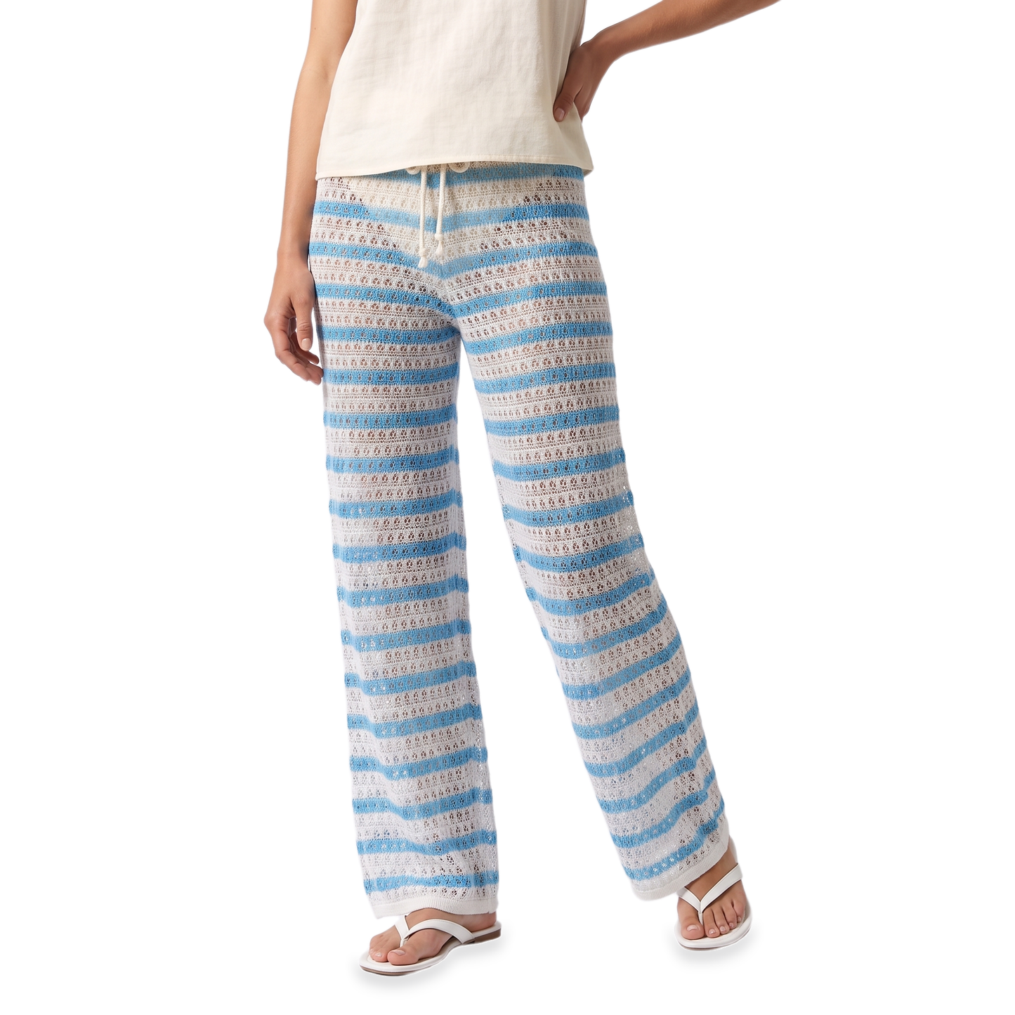 Sunoire blue crochet cutout wide leg pants bottom front crop 01