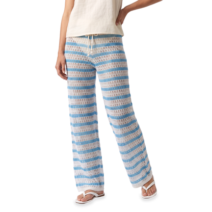 Sunoire blue crochet cutout wide leg pants bottom front crop 01