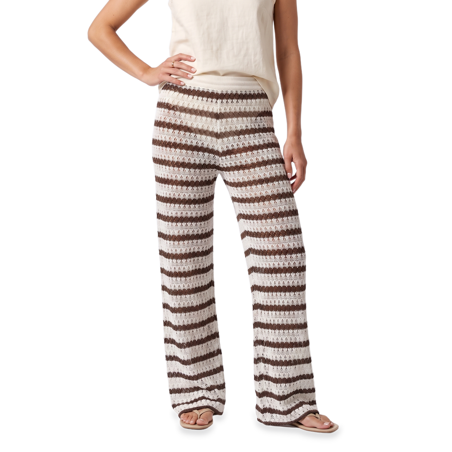 Sunoire blue crochet cutout wide leg pants colorway brown front crop 01