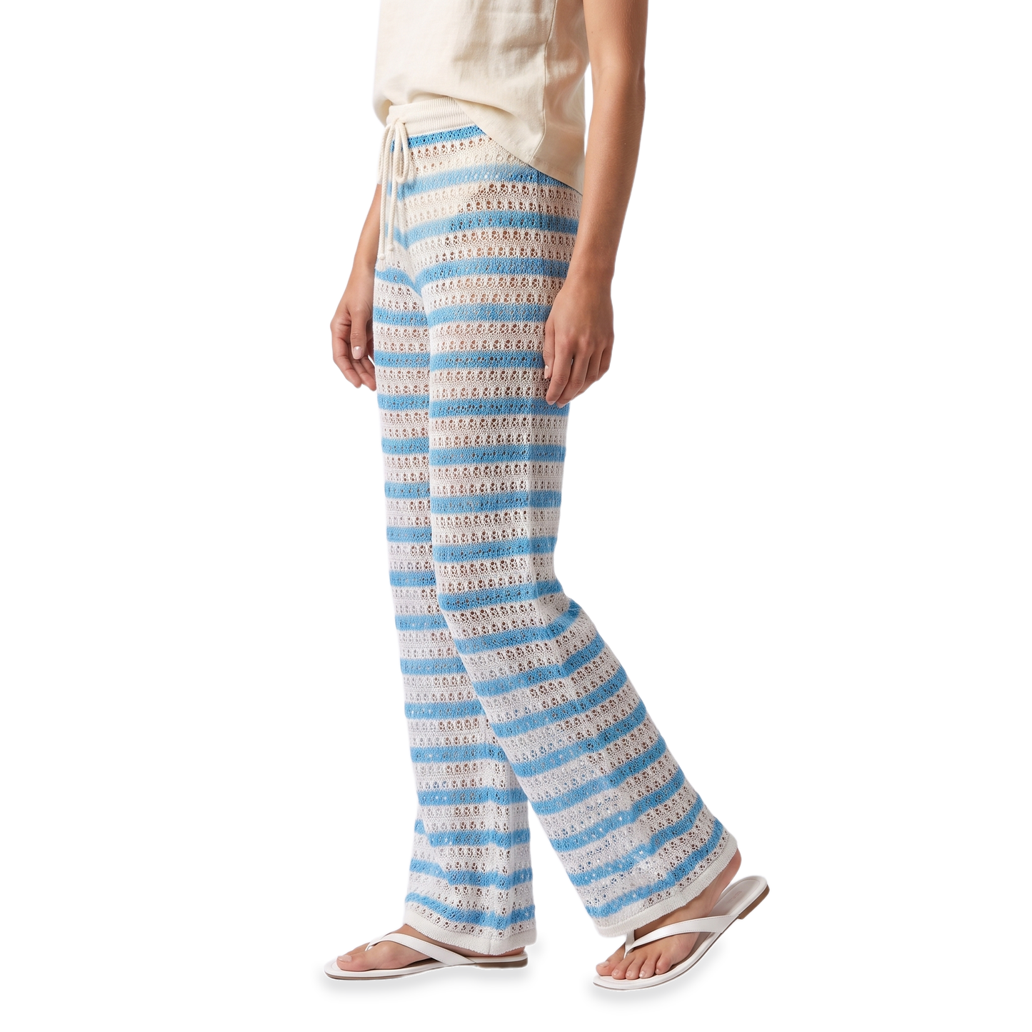 Sunoire blue crochet cutout wide leg pants bottom side crop 01