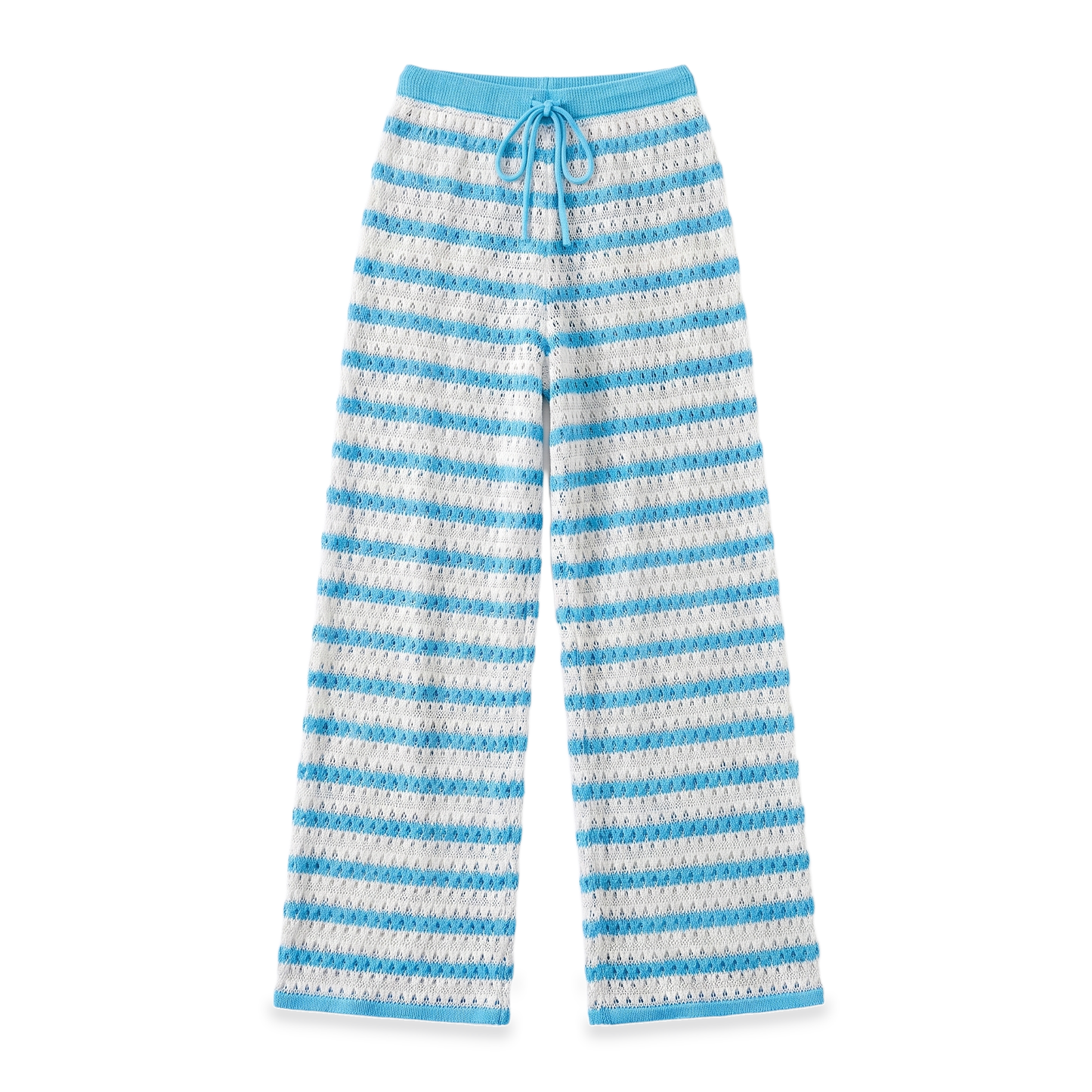 Sunoire blue crochet cutout wide leg pants garment flatlay 01