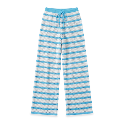 Sunoire blue crochet cutout wide leg pants garment flatlay 01