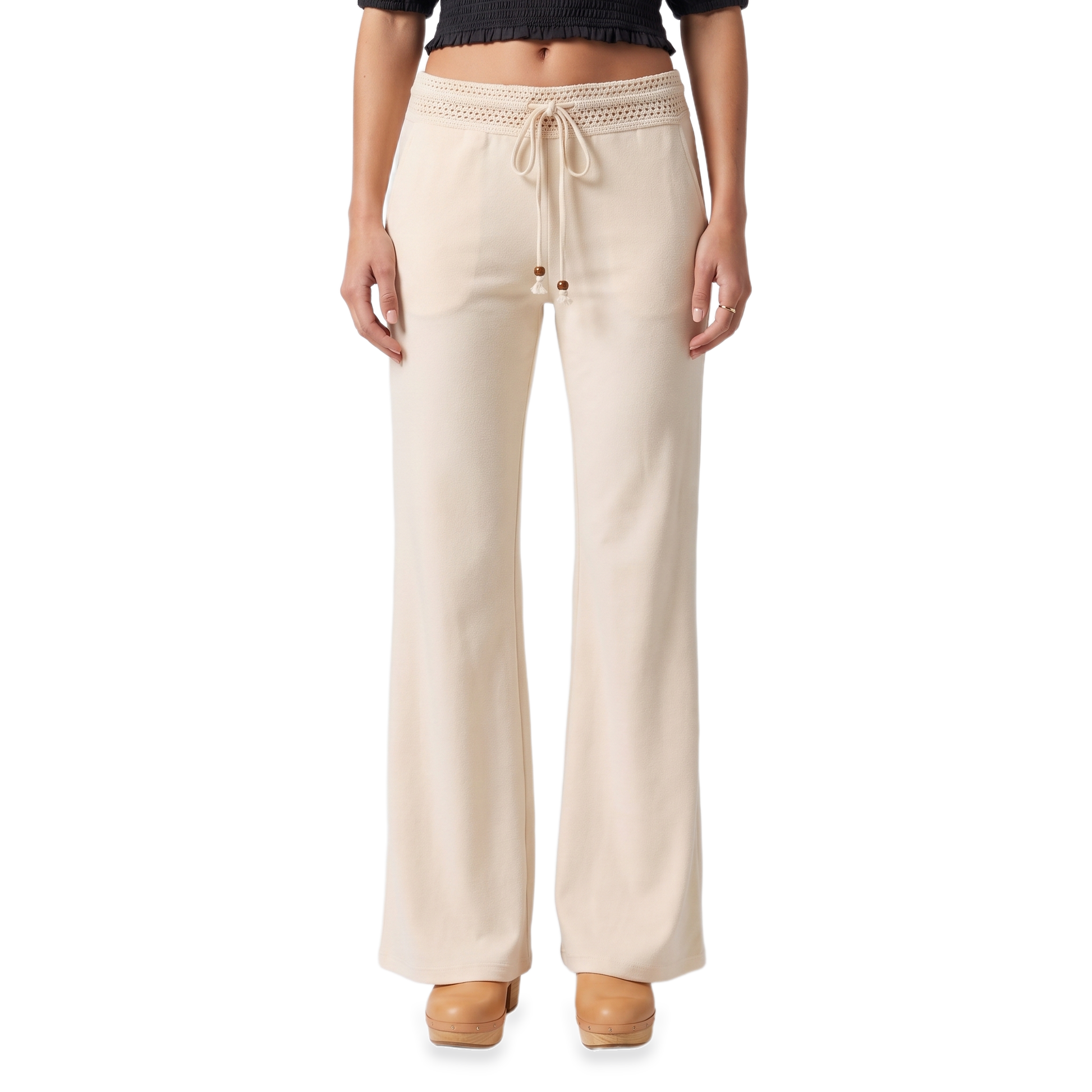 Sunoire crochet lace flared pants bottom front crop 01
