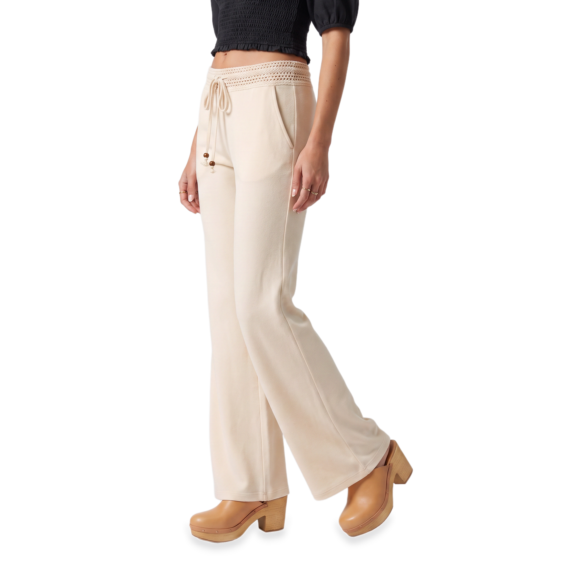 Sunoire crochet lace flared pants bottom crop 3q 01