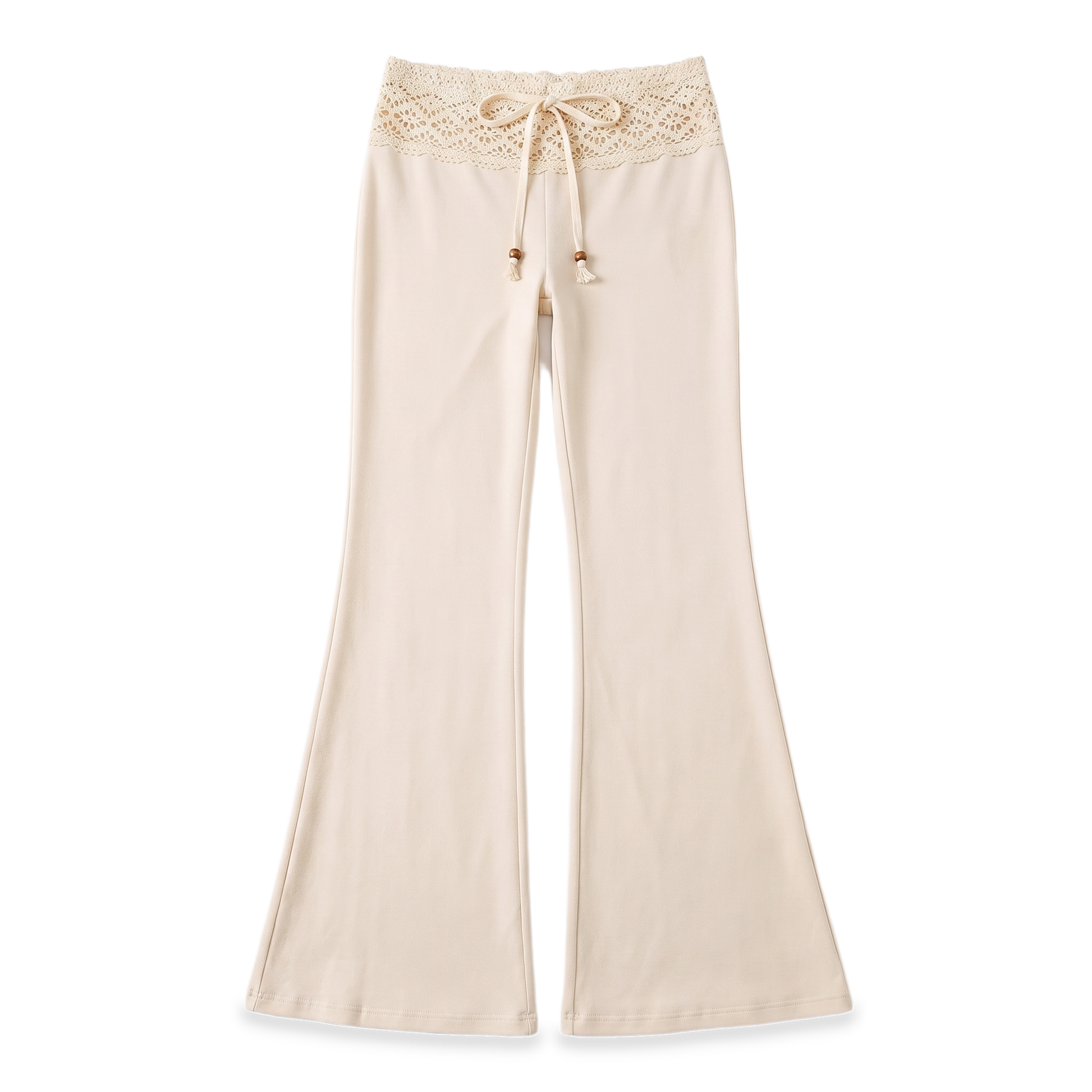 Sunoire crochet lace flared pants garment flatlay 01