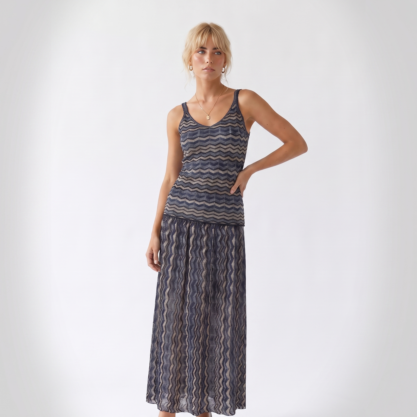 Sunoire women s daily leisure vacation sets hollow out v neck sleeveless spaghetti strap matching skirt knitting two piece set colorway blue front hero 01