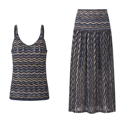 Sunoire women s daily leisure vacation sets hollow out v neck sleeveless spaghetti strap matching skirt knitting two piece set garment flatlay 01