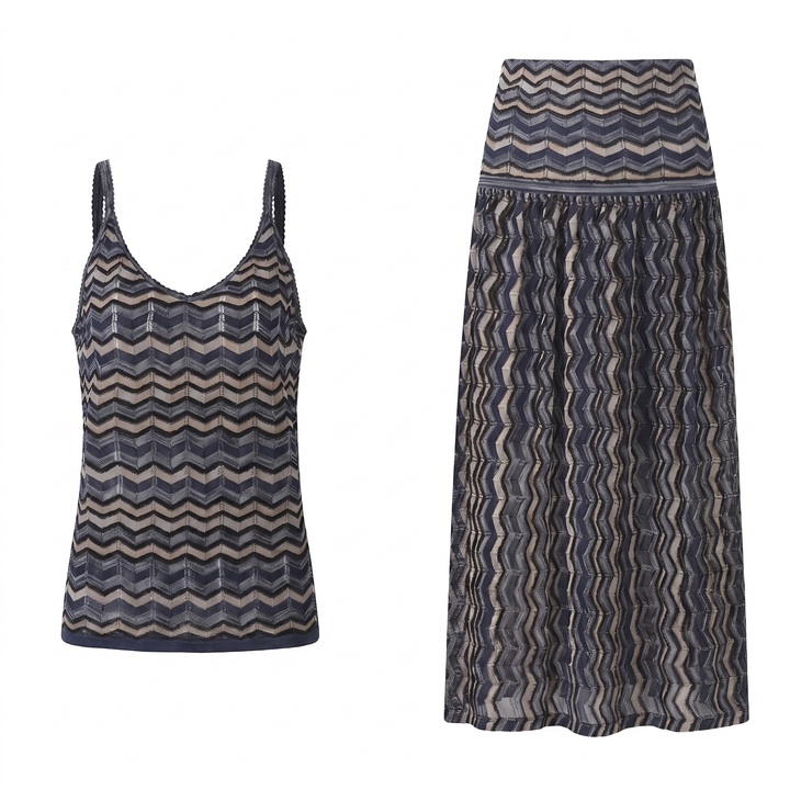 Sunoire women s daily leisure vacation sets hollow out v neck sleeveless spaghetti strap matching skirt knitting two piece set garment flatlay 01