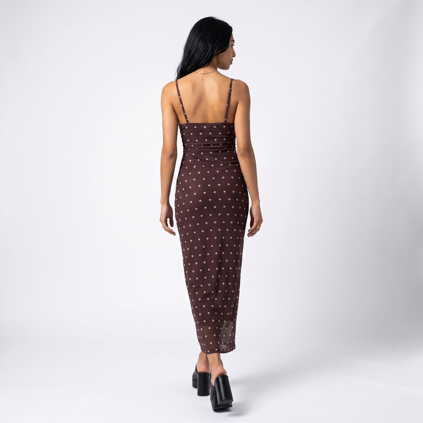 Sunoire brown polka dot strappy maxi dress - back view on model