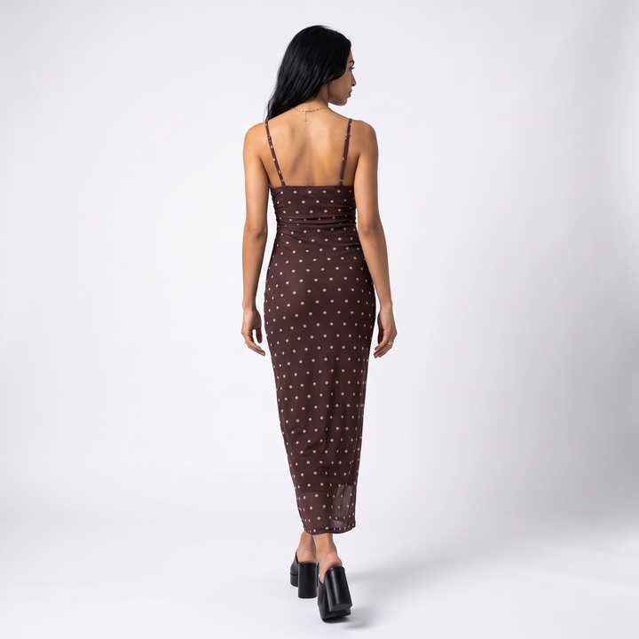 Sunoire brown polka dot strappy maxi dress - back view on model