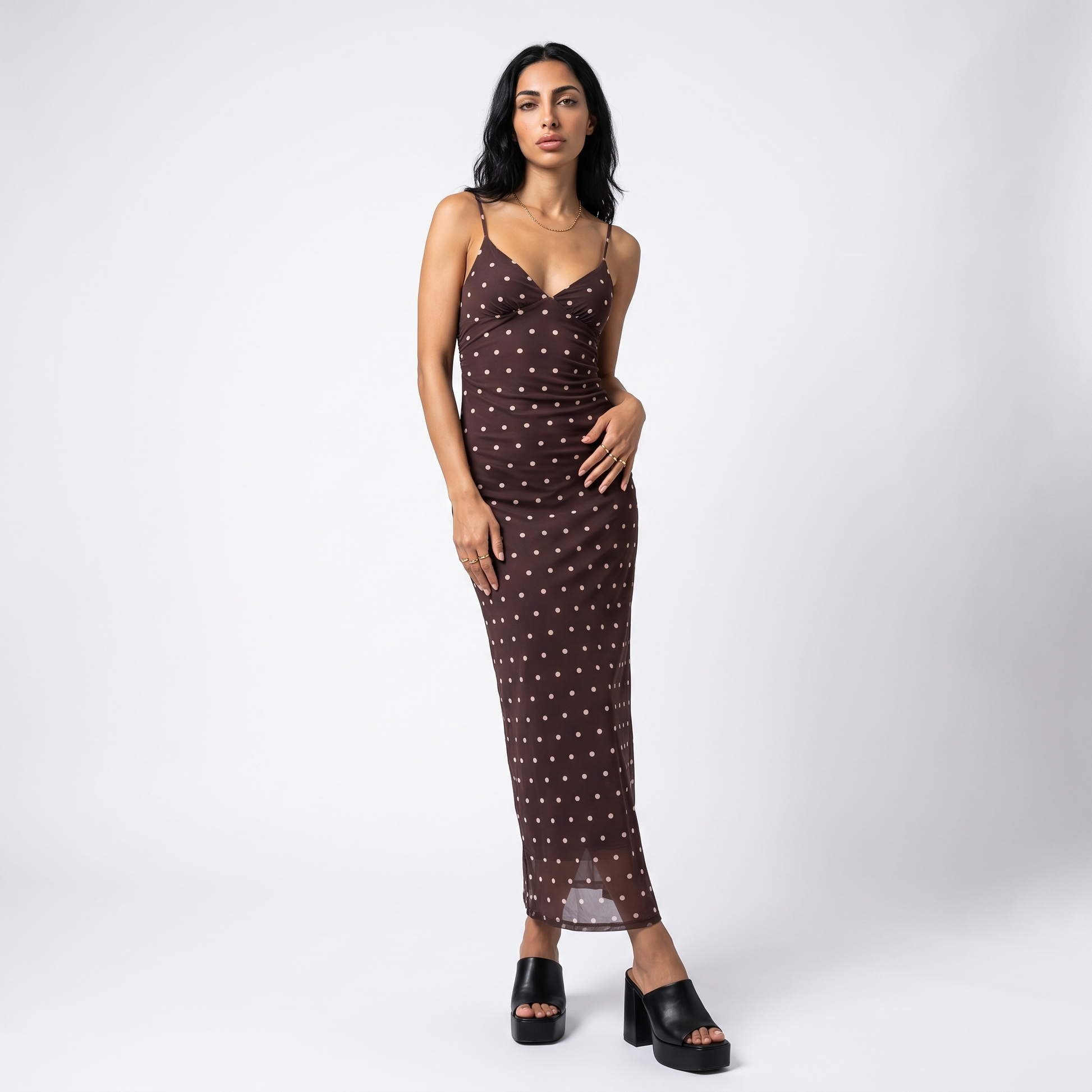 Sunoire brown polka dot strappy maxi dress - front view on model