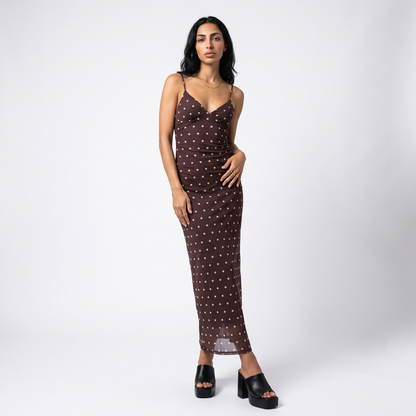 Sunoire brown polka dot strappy maxi dress - front view on model
