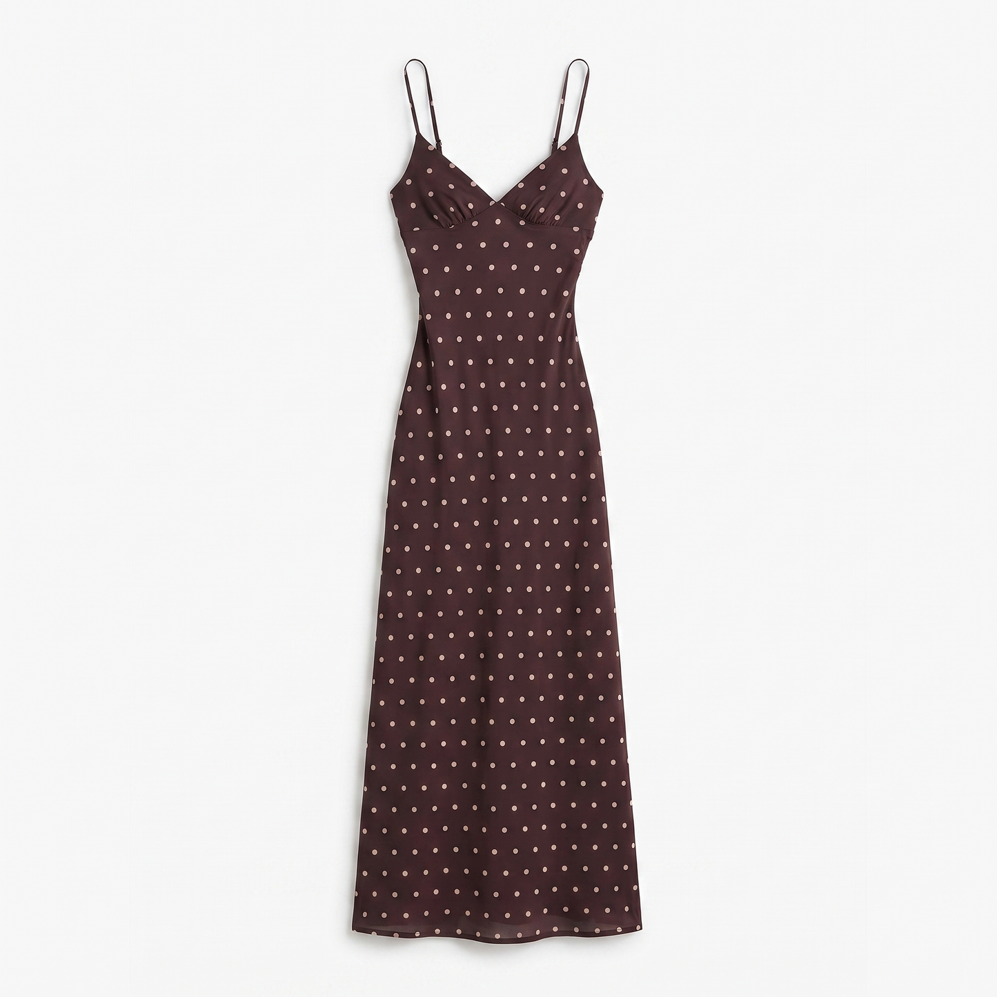 Sunoire brown polka dot strappy maxi dress - flat lay of the garment