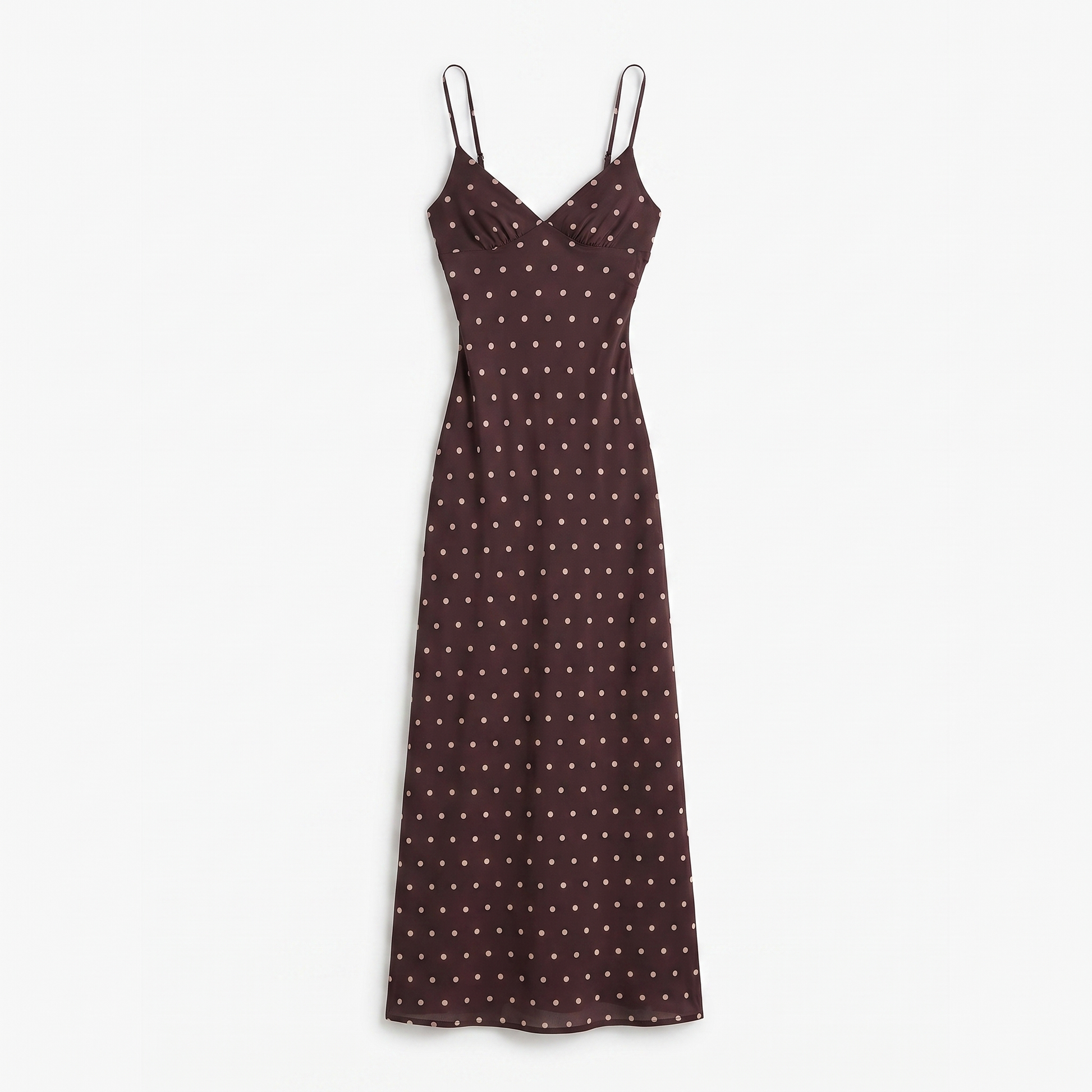 Sunoire brown polka dot strappy maxi dress - flat lay of the garment